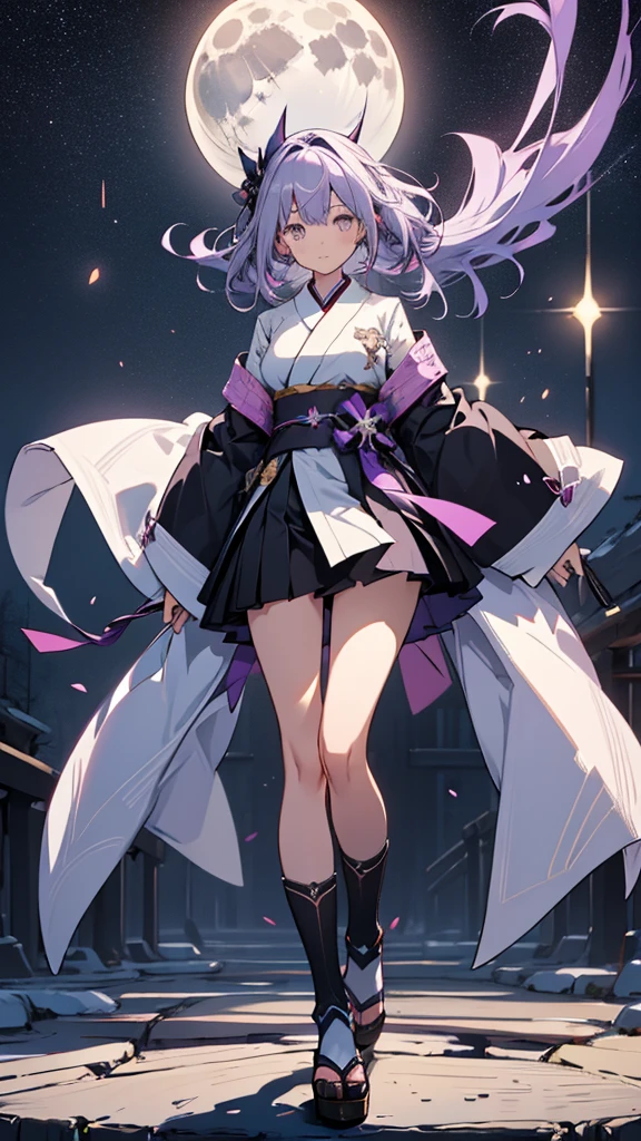 skinny girl, ultra high definition, very detailed, shuriken, shot, bundled hair, whole body, traditional Japanese outfit, short skirt, 23 years old, Background with many stars and moon in the sky, two tone hair (black, light purple), Cheng'an, beautiful eyes