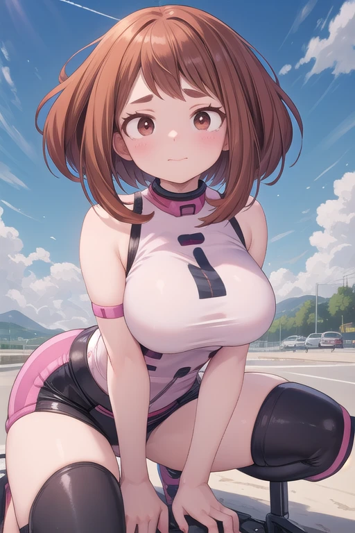 Ombros nus com seios fartos ochako uraraka seios enormes ochako em motocicleta