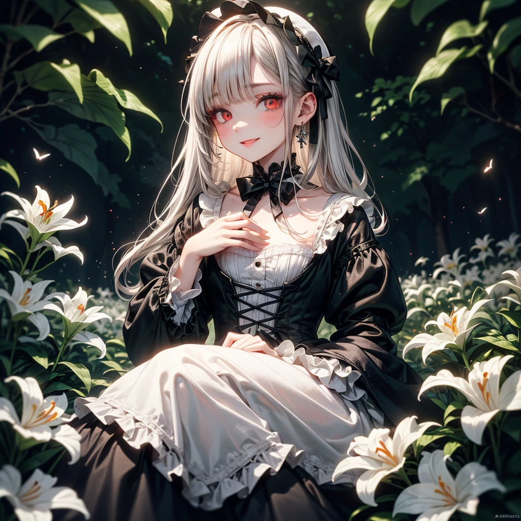 (master piece),(4k),high quality,flat chest,((1girl)),((solo)),Delicately drawn face,girl with a pretty face, beautiful detailed red eyes,(Highly detailed elegant),Gothic Lolita Fashion,((Black and white costume)),(Beautiful silky white hair:1.3),(gothic lolita makeup),seductive smile,Detailed skin,Add a dramatic and symbolic element to your scene, Silky to the touch, Hyper Detail,romantic,sideways glance,from side,(rich and colorful),stand in beautiful magic garden,(white lilies garden),The tranquil and dreamy atmosphere gives the whole scene warm and charming temperament,lens flare,wide shot