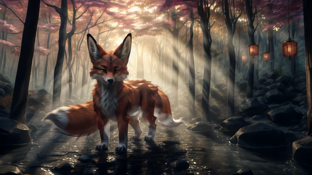 Beautiful Japanese landscape, High Definition, beautiful japanese kitsune, kitsune on fire, finely detailed, cunning bitch, fox face elongated snout add_detail,in the spring hanami add_detail:1 mistycal aura