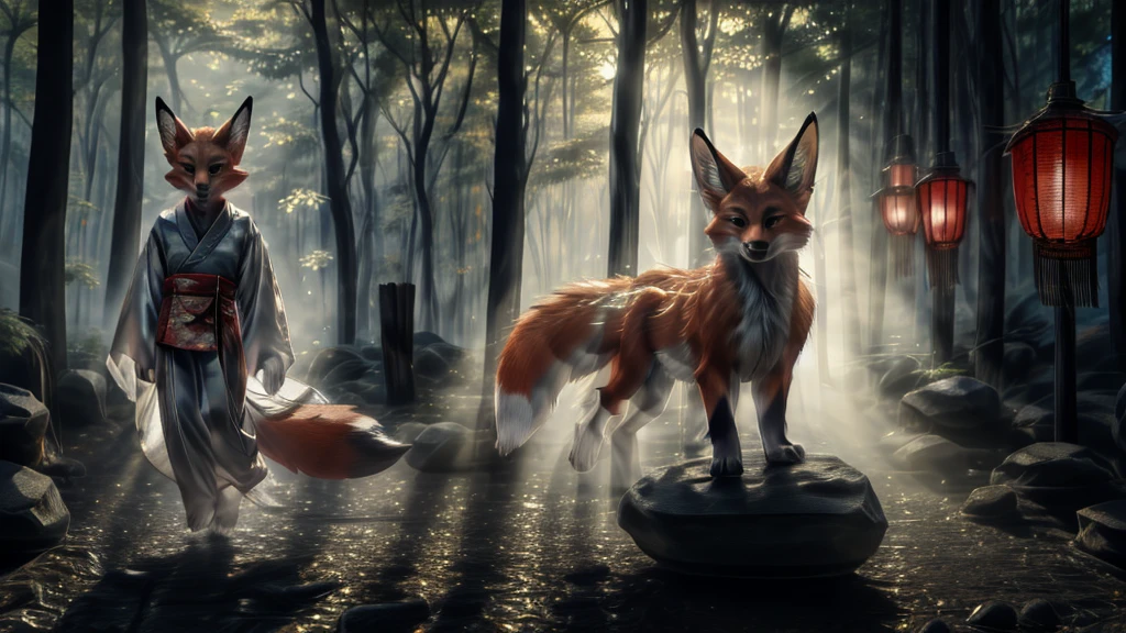 Beautiful Japanese landscape, High Definition, beautiful japanese kitsune, kitsune on fire, finely detailed, cunning bitch, fox face elongated snout add_detail,in the spring hanami add_detail:1 mistycal aura