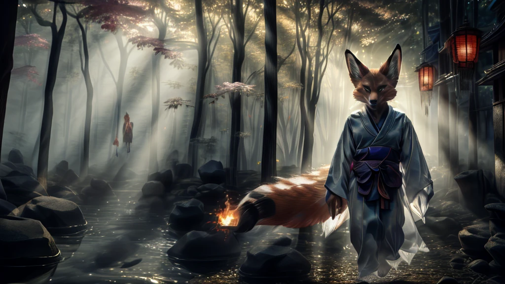 Beau paysage japonais, Haute définition, beau kitsune japonais, kitsune en feu, finely détailed, salope rusée, visage de renard museau allongé ajouter_détail,au printemps hanami ajouter_détail:1 aura brumeuse