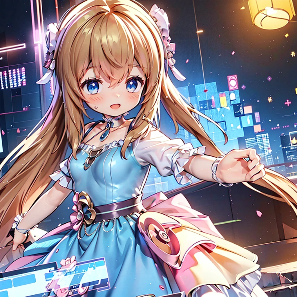 masterpiece, best quality, CG wallpaper, 8k, girl, solo cute, Blue eyes, brown twintail, (yellow dress), open mouth smile, look away, dynamic angle, glitch, neon and led lights, side view
