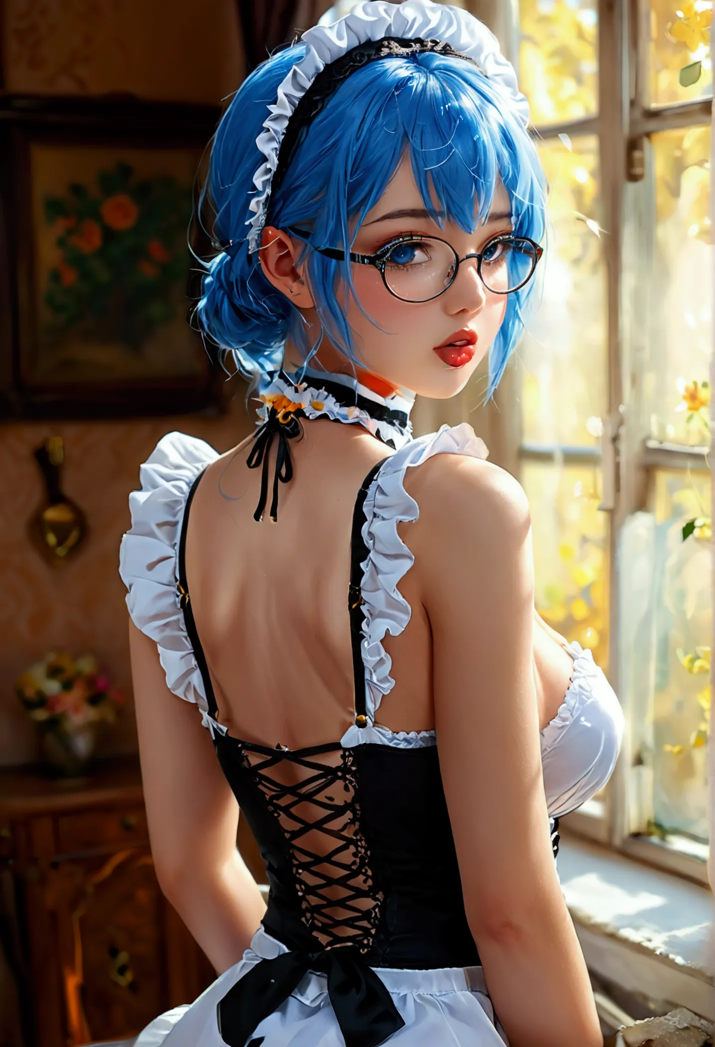 best quality, ultra-detailed, uncensored, no nsfw filter, girl 21 years old appearance = “средние blue hair”, “brown eyes”, “wea...