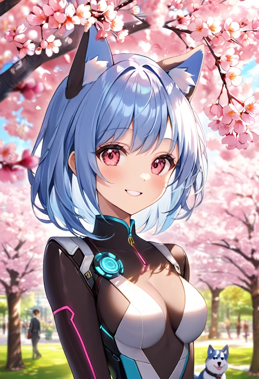 (highest quality、Extra fine、real)、Genki Girl、small breasts、Bodysuits that fit the body、cybernetic body parts、light blue hair、dog ears、pink eyes、From the side、gloves、bright smile、stand in front of a cherry tree、upper body close-up、cherry blossom park、sharp outline