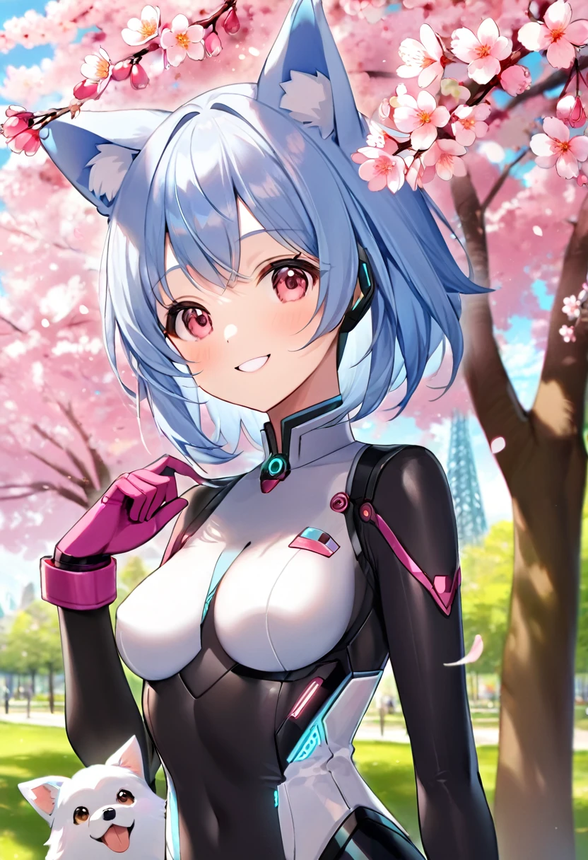 (highest quality、Extra fine、real)、Genki Girl、small breasts、Bodysuits that fit the body、cybernetic body parts、light blue hair、dog ears、pink eyes、From the side、gloves、bright smile、stand in front of a cherry tree、upper body close-up、cherry blossom park、sharp outline