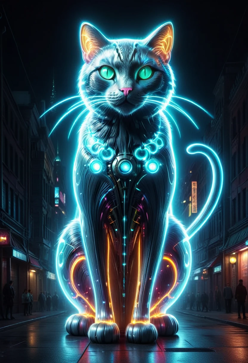 (Giant cat bigger than a building appears:1.2), (Mechanical Giant Cat:1.5), (Mythical Machinery), (Mechanobiology), ethereal, phantom, transparent, bioluminescence, Divine Light, fluorescence, charming, mysterious, bright colors, Detailed details, lifelike, Epic technological fantasy, epic surrealism, Epic future fantasy, bright colors, arrstyle, cyberpunk city, 