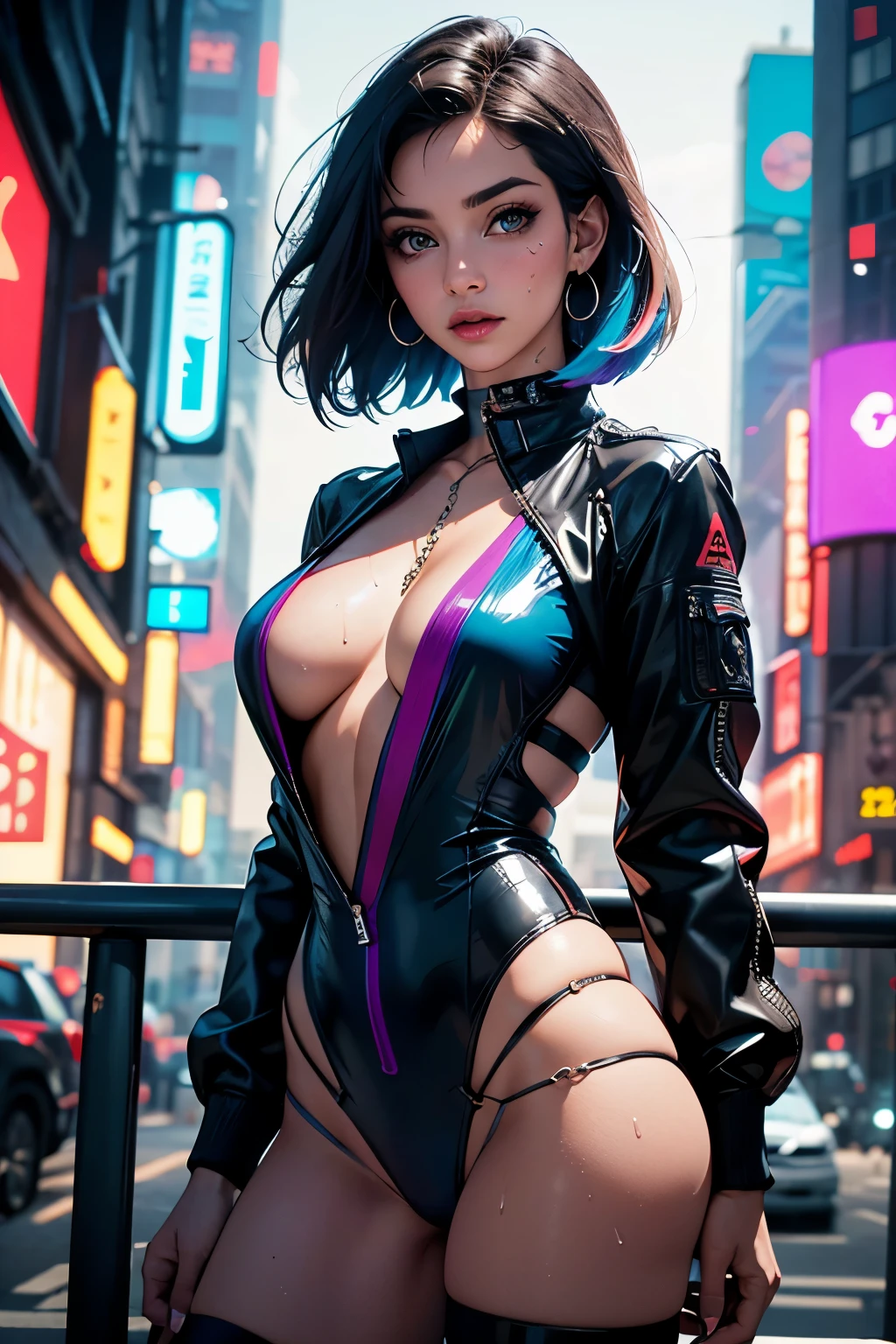 Best quality, highest resolution, detailed depiction, delicate depiction, colorful lighting, fashion model female body, rainbow hair, cyberpunk edge liner, cyberpunk city, radio city, global illumination, motion blur, anti-aliasing, photorealistic, ray tracing, Shinjuku cityscape, detailed background, sweaty, sweat splashes, breast bump, translucent white skin, bob cut, skinny, bondage, fishnet stockings, gorgeous accessories, beautiful thighs, chains, delicately drawn face, beautiful face, thin and thin eyebrows, round chin, see-through costume, big mouth, ahegao, strong gloss, skin-transparent jacket, faithful depiction, rainbow costume, rainbow eyes, best quality, masterpiece, ultra A high resolution, photorealistic, best quality, 8K, perfect body beauty, slim abs, beautiful woman with slim abs,