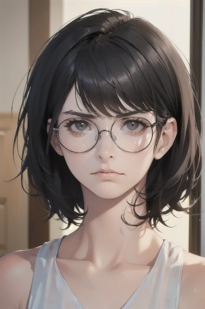 (18 year old woman), (black hair, short hair, bangs, hair down to her shoulders) ((round glasses on her face)) (white skin) angry, western face, dark circles, sad and tired and droopy face, pimples on her face , thin nose, ((best quality)), ((ultra resolution)), ((Photorealistic: 1.4)), (intricate details)
