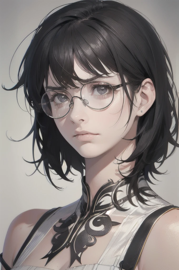 (18 year old woman), (black hair, short hair, bangs, hair down to her shoulders) ((round glasses on her face)) (white skin) angry, western face, dark circles, sad and tired and droopy face, pimples on her face , thin nose, ((best quality)), ((ultra resolution)), ((Photorealistic: 1.4)), (intricate details)
