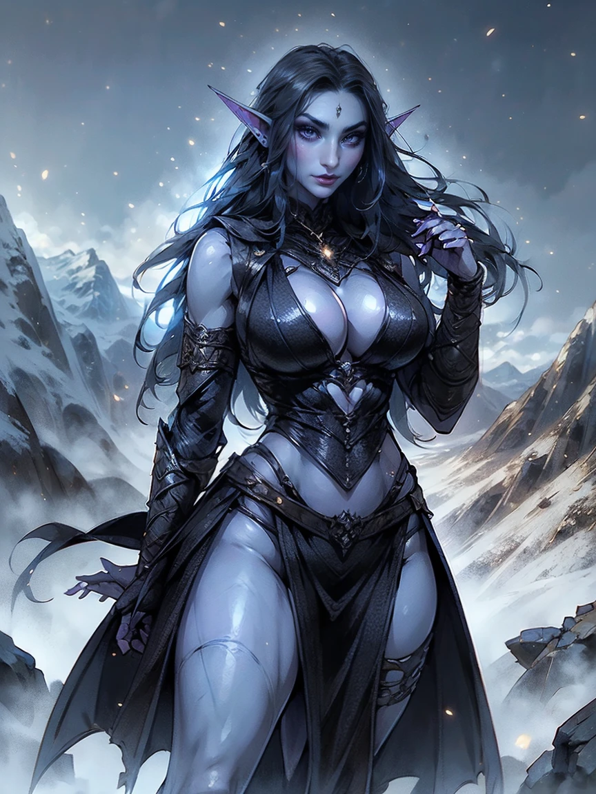 (masterpiece, top quality, best quality, official art, beautiful and aesthetic:1.2), (1girl:1.3), ((Sharp facial features, sharp features, hawkish features)), ((big hair, long elf ears, long black hair)), (((pale purple skin, pale blue skin, blue skin, purple skin))), big tiddy dark elf girl, extremely detailed, portrait, looking at viewer, solo, (full body:0.6), detailed background, full-body shot, (cold night mountain theme:1.1), dark elf war dancer, (spiky winged helmet), charlatan, smirk, mysterious, swaying in mountains, skimpy attire, revealing gladiatrix costume, ebony metal, gold filigree, long boots, dual knives, blood red fabric, pelvic curtain, loincloth, black leather, ((((cleavage, skindentation, long legs, pelvic curtain)))), cute belly button, toned tummy, slim waist, slim hips, long legs, medieval (mountain exterior:1.1) background, dark mysterious lighting, shadows, magical atmosphere, dutch angle