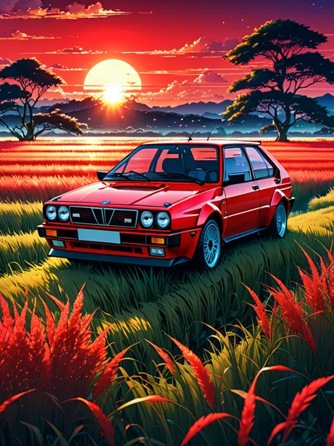 anime landscape of A pearl super laser vivid red metalic pearl color classic Lancia Delta Integrale 8V sport sits in a field of ...