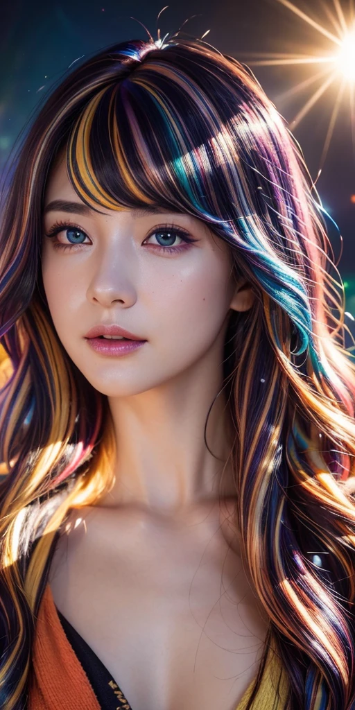 {{masterpiece}}, highest quality, Highly detailed CG Unity 8K wallpaper, cinematic lighting, Lens flare, beautiful detailed eyes, black, side line, multi-colored hair, colorful light, particle, heterochromia, (colorful:1.5), (colorful hair:1.5),
