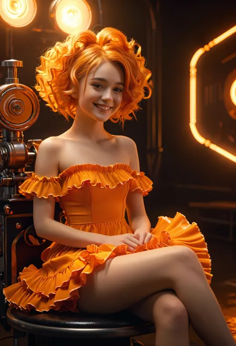 highly detailed, 8k, masterpiece, one girl, orange frills_hair_tube, dress, bend_that's all , grin, (perfection_face), sitting, ...