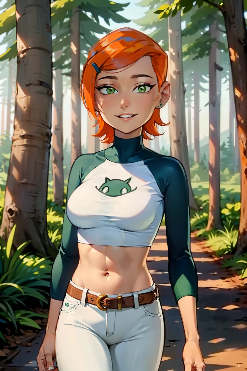 (Masterpiece), Best Quality, ultra-detailed, 1girl (Gwendolyn_Tennyson, breasts, orange hair, short hair, green eyes, half-closed eyes), a charming face, smile,  parted lips,  looking at viewer, solo, long sleeves, navel, belt, white pants, forest, walk,  charming walking, sexy waist teasing 