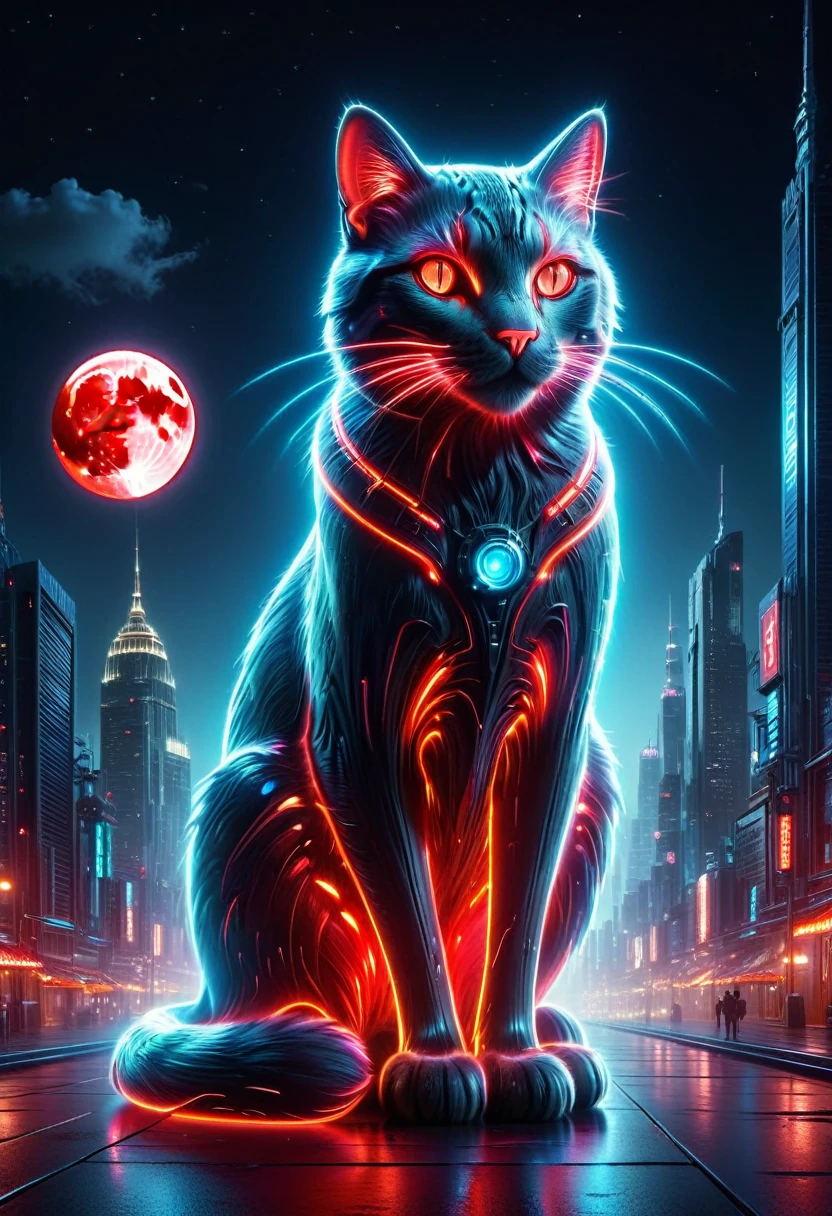 (Giant cat bigger than a building appears:1.2), (Mechanical Giant Cat:1.5), (Mythical Machinery), (Mechanobiology), ethereal, phantom, transparent, bioluminescence, Divine Light, fluorescence, charming, mysterious, bright colors, Detailed details, lifelike, Epic technological fantasy, epic surrealism, Epic future fantasy, bright colors, (detailed background), detailed landscape, soft shaded, light sparkles, cloudless sky, (red full moon), mysterious and fantastic, cyberpunk city, 