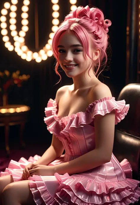 highly detailed, 8k, masterpiece, one girl, pink frills_hair_tube, dress, bend_that's all , grin, (perfection_face), sitting, ma...