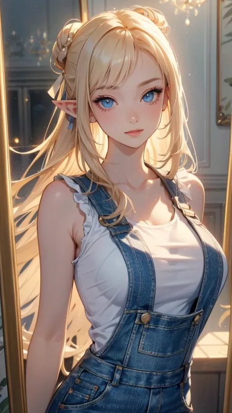 work of art, epic details, ultra detaild, high resolution, blonder woman, beautiful elf, hair tied into an elegant bun, angelic ...