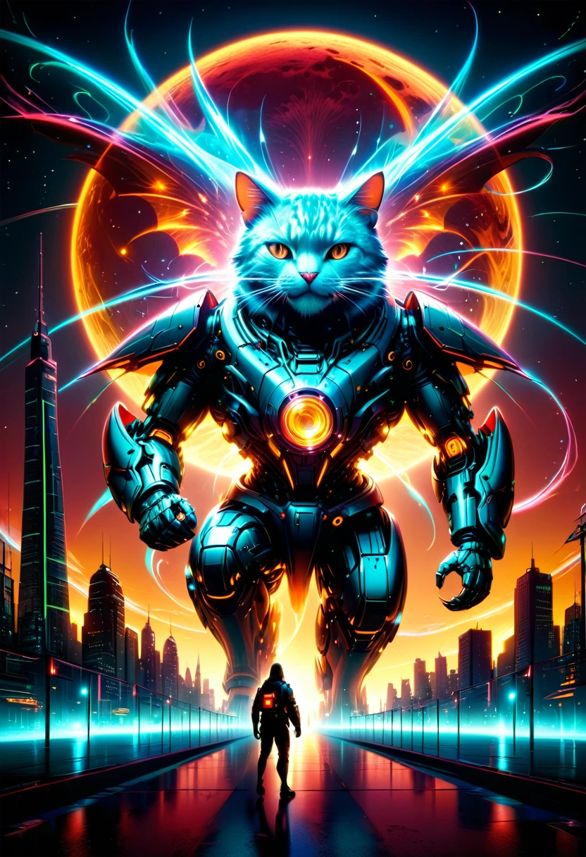 (Giant cat bigger than a building appears:1.2), (Mechanical Giant Cat:1.5), (Mythical Machinery), (Mechanobiology), charming, fluorescence, mysterious, bright colors, bright colors, ethereal, phantom, transparent, bioluminescence, Divine Light, Detailed details, lifelike, Epic technological fantasy, epic surrealism, Epic future fantasy, (detailed background), detailed landscape, soft shaded, light sparkles, cloudless sky, (red full moon), mysterious and fantastic, cyberpunk city,