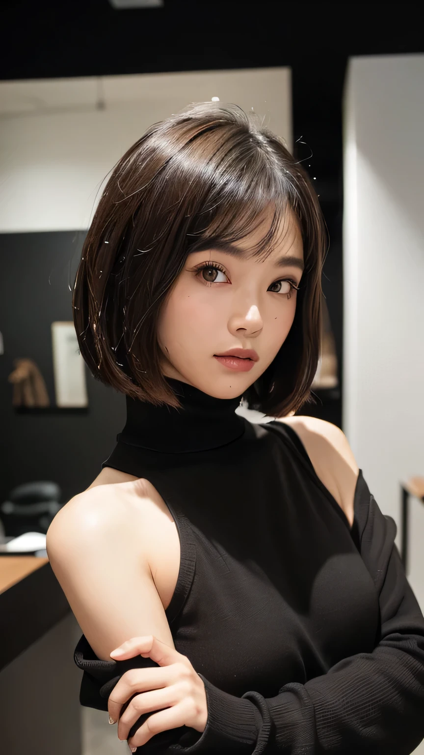 (((Face close-up)))、(((Brown, shoulder-length, straight short bob)))、(((She is posing like a model at a hair salon., Indoors, against a black wall.)))、(((Casual black winter long sleeves covering the shoulders)))、Half Japanese, Half Korean、18-year-old girl、Independent、I&#39;m looking forward to、Light eye makeup、Brown Hair Color、Flat 、Hair blowing in the wind、Quality of actress、Shiny, Ultra-realistic faces、smile、Watery eye、look up、Subtle lighting effects、 Ultra-Realistic Capture、Very detailed、High resolution 16k human skin closeup。Skin texture must be natural、The detail must be such that the pores are clearly visible.、skin is healthy、Even Tone、Use natural light and colour、Worn out, High quality photos taken by modeling agencies&#39;In-house photographer.、smile、(((Sigma 300mm F/1.4,1/1000 sec shutter,ISO400))) 