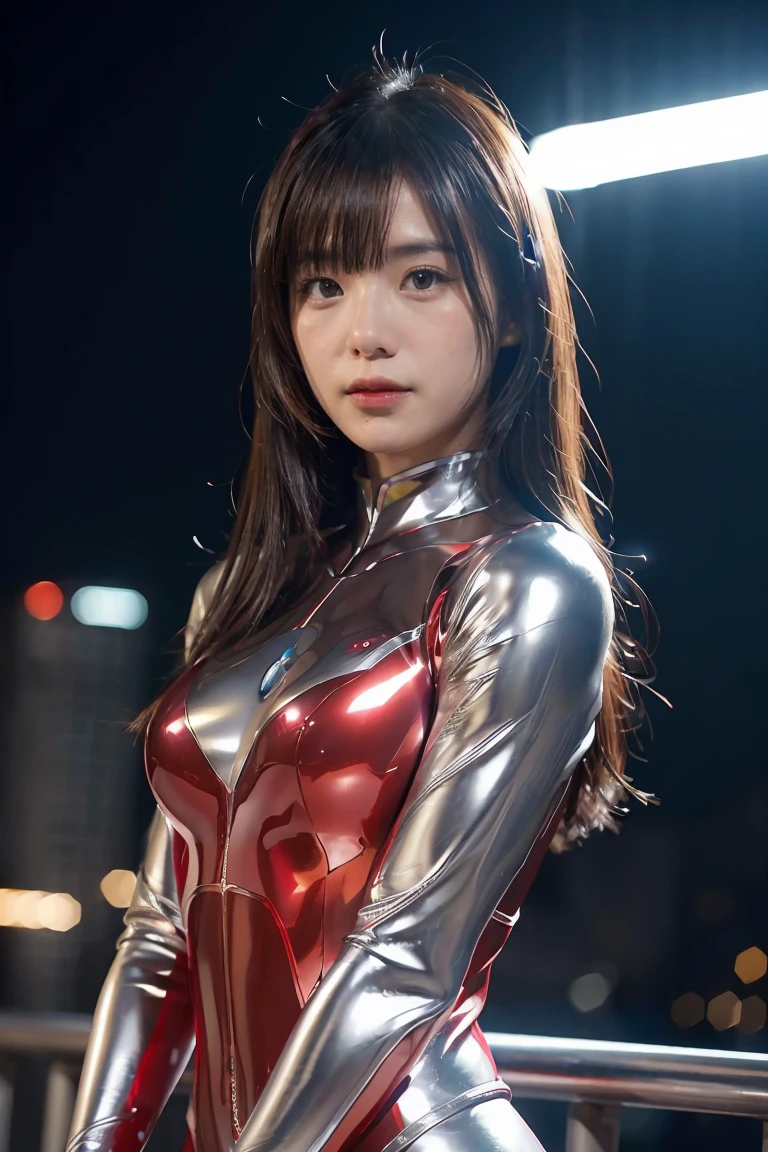 Ultraman、realistic、realistic、cinematic lighting, Girl in a shiny red and silver suit、15 years old、professional photos、Don&#39;Do not expose your skin, japanese model, japanese cgi、Ultraman Suit、, Power Rangers Suit、tight and thin cyber suit,Whole body rubbery、There&#39;s pink There、 delicate body, big breasts、small ass、thin thighs、thin arms、thin waist、camel toe、Both sides of the cyber suit stick to the skin、Big eyes、black short hair、facing the front、facing the front立っている、A glowing sphere is embedded in the chest.、Essay Examination、 blue sky background