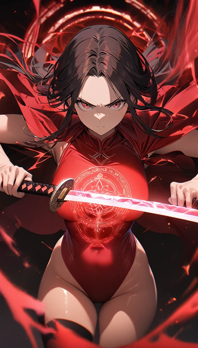 1girl,red curtain hair forehead,small eyes,glowing katana,red glowing eldritch magic circle, serious,calm, perfect body,curvy,8k,high definition,