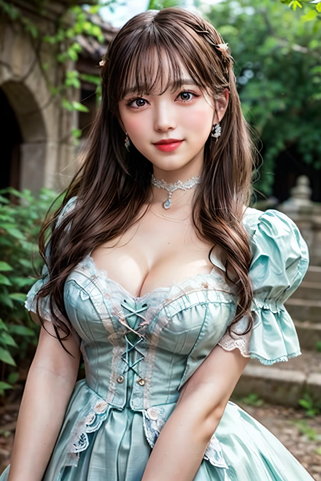 (nsfw:-2.0), (realistic, photo-realistic:1.4), (best quality,masterpiece:1.2), RAW photo, high resolution, intricate details, extremely detailed, realistic and sharp details, cinematic lighting, (portrait, bust shot, frontal photography), solo, 1girl, (doll-like appearance), (Victorian-style cosplay), (huge breasts, full breasts, cleavage), dark hair, (detailed face, detailed eyes, sophisticated nose), smile, (pastel color clothes), bell-shaped skirt, petticoats, (sweetheart neckline), puffed sleeves, detailed lace, detailed embroidery, accessories and matching headpiece, choker, large sparkling jewelry, ankle strap pumps, photo background, outdoors, (city ruins, ruins, concrete), nature, garden, overgrown,,,[Nako Yabuki,HKT48]