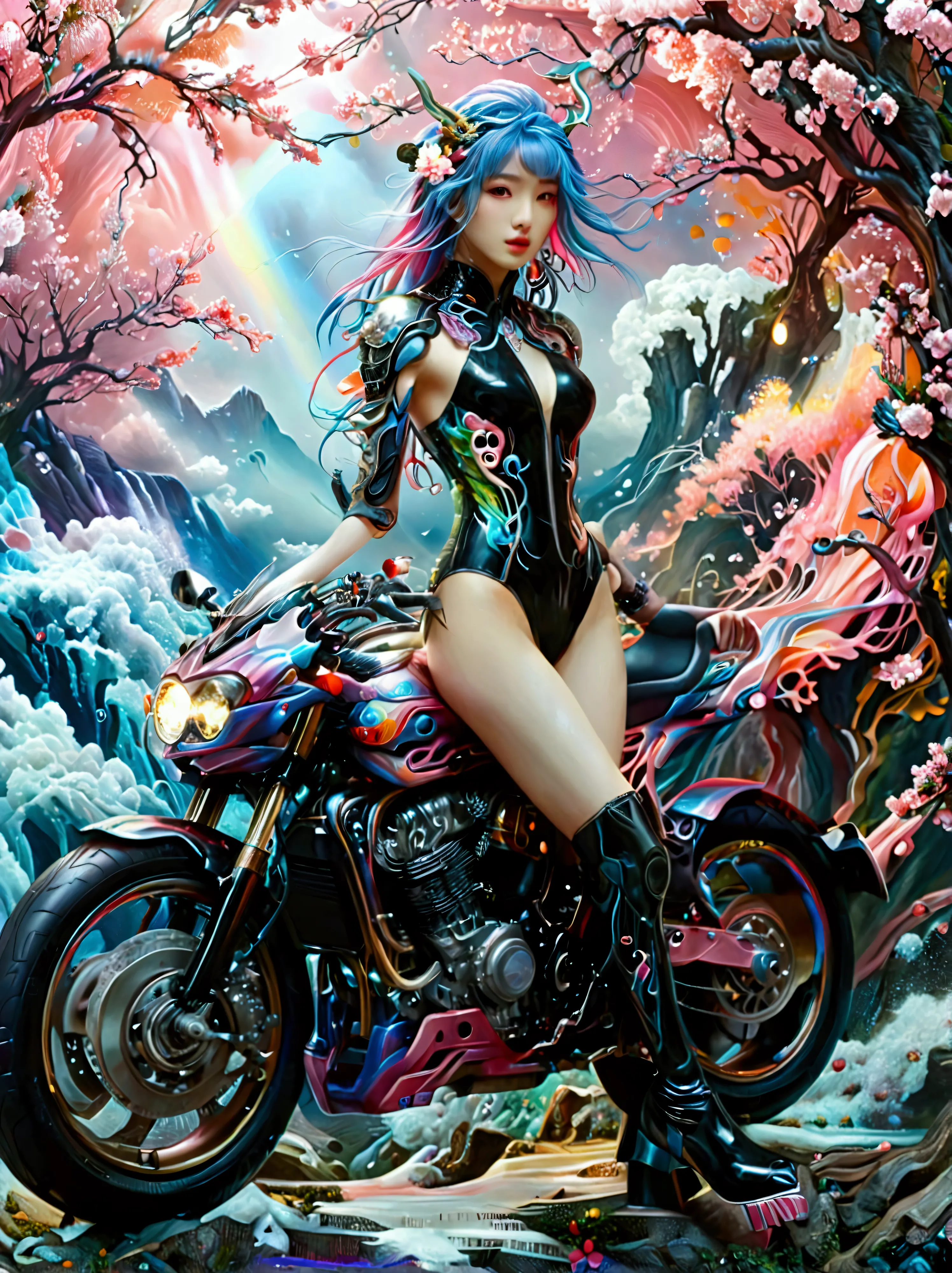 ((imagine))，((whole body))，1 girl, wearing a black cheongsam，arms and legs，手持电动步枪的cyberpunk美女，standing under a cherry tree with ...