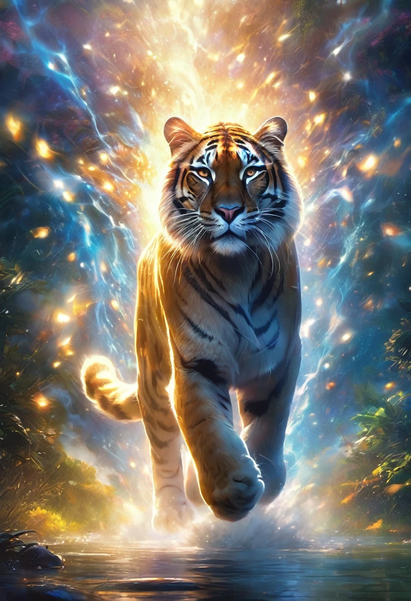 Highest quality, Highest quality, 16K, Unbelievably absurd, Very detailed, delicate and dynamic, Natural light, The particles reflect light, Diffuse reflection of light, Vortex of Light, magical, spooky, super big cat, god of cats, peoples are running away from the big cat