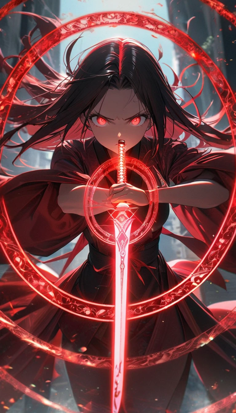 1girl,red curtain hair forehead,small eyes,glowing katana, japanese ,red glowing eldritch magic circle, serious, perfect body,looking down at the viewer,8k,high definition,