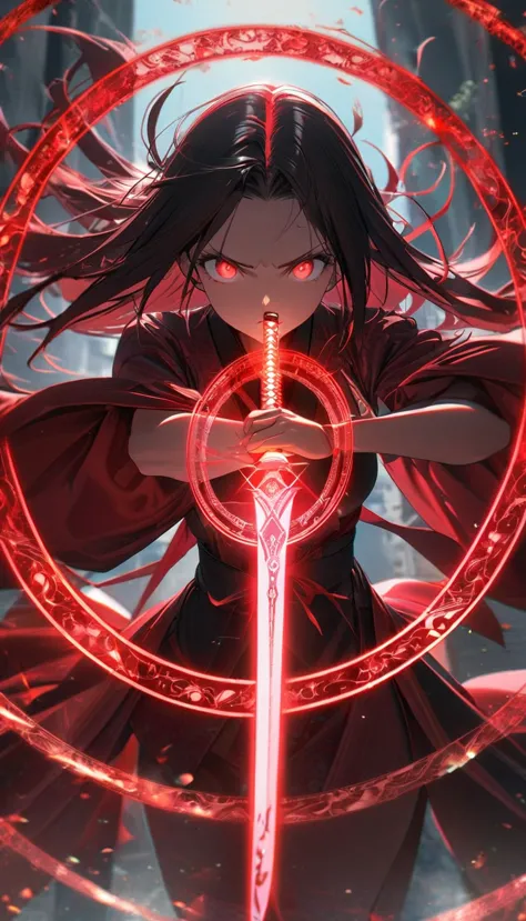 1girl,red curtain hair forehead,small eyes,glowing katana, japanese ,red glowing eldritch magic circle, serious, perfect body,lo...