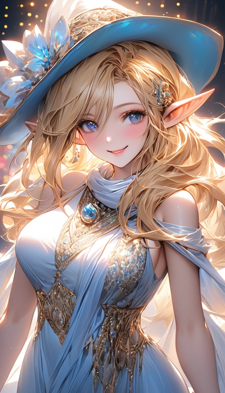 ((highest quality)), ((masterpiece)), (be familiar with), perfect face, gorgeous dress, wide open chest, blonde hair, rich hair, detailed fingertips, looking here, Upper body, shiny hair, Beautiful smile, white skin, High resolution, glittering costumes, standing position, mature adult woman, elf, pointy ears, Wide-brimmed hat, Put a Paisley scarf around her neck, At the Night club