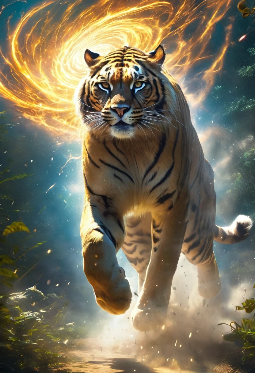 Highest quality, Highest quality, 16K, Unbelievably absurd, Very detailed, delicate and dynamic, Natural light, The particles reflect light, Diffuse reflection of light, Vortex of Light, magical, spooky, super big cat, god of cats, peoples are running away from the big cat