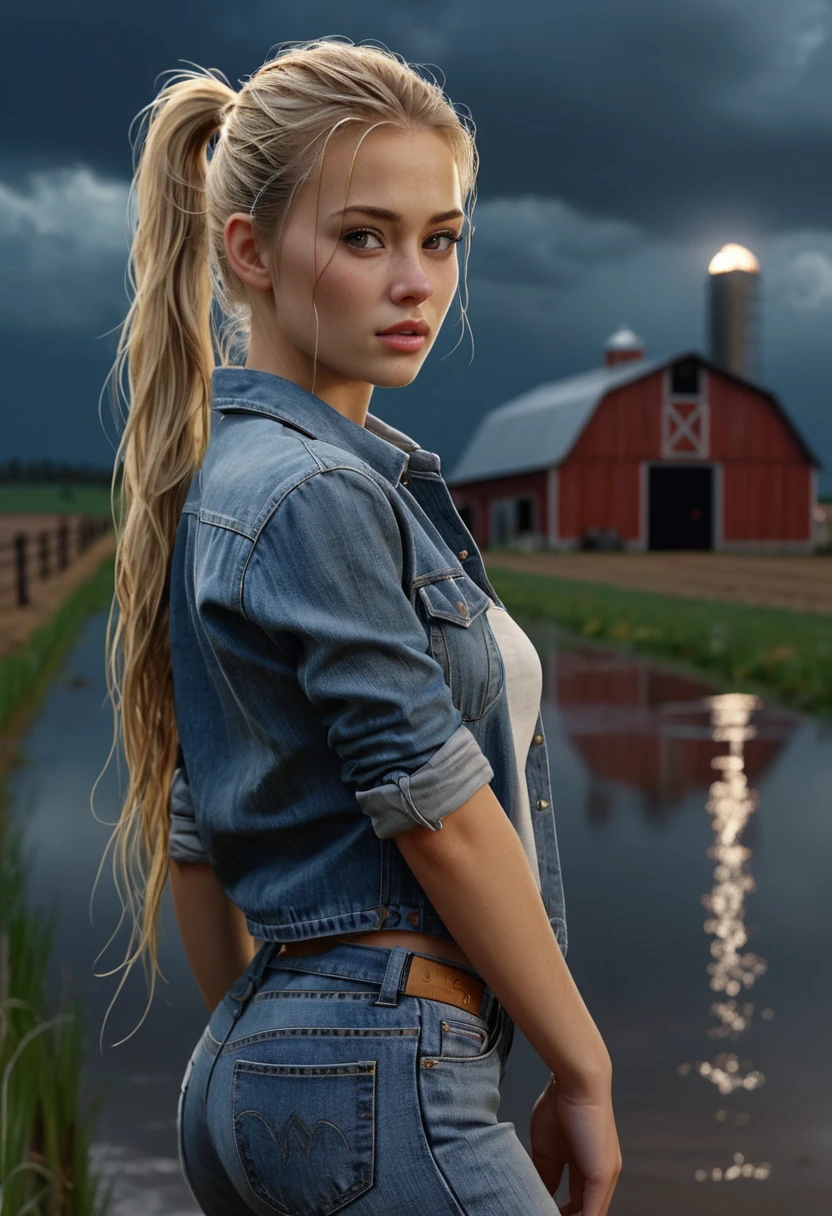 (masterpiece,photorealistic .uhd)farm, ranch, ((night)), cloudy. An ultra hot gorgeous European woman.age 23. wet hair, blond hair, single ponytail, natural makeup, ((Casual wear, jeans)), character in the middle, standing