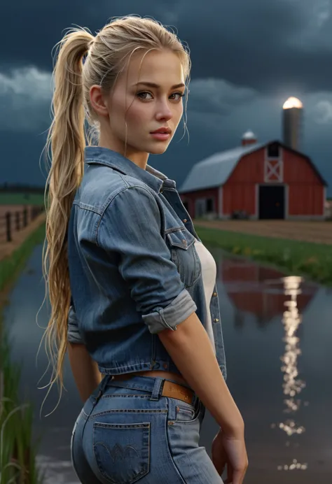 (masterpiece,photorealistic .uhd)farm, ranch, ((night)), cloudy. an ultra hot gorgeous european woman.age 23. wet hair, blond ha...