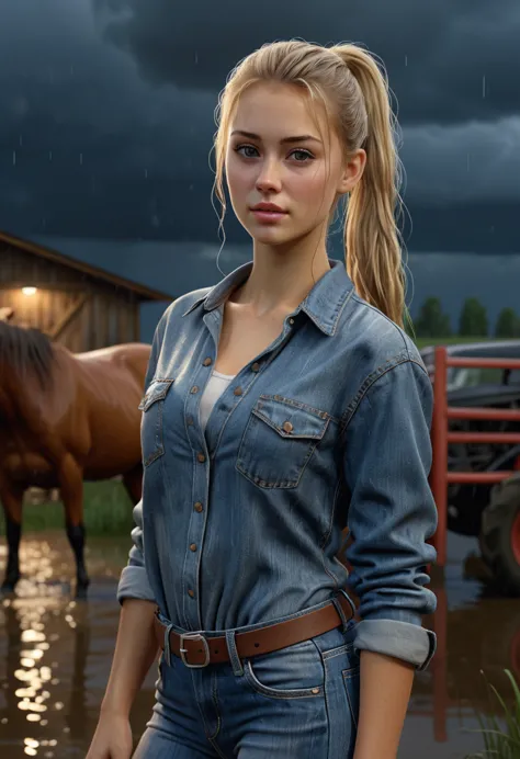 (masterpiece,photorealistic .uhd)farm, ranch, ((night)), cloudy. an ultra hot gorgeous european woman.age 23. wet hair, blond ha...