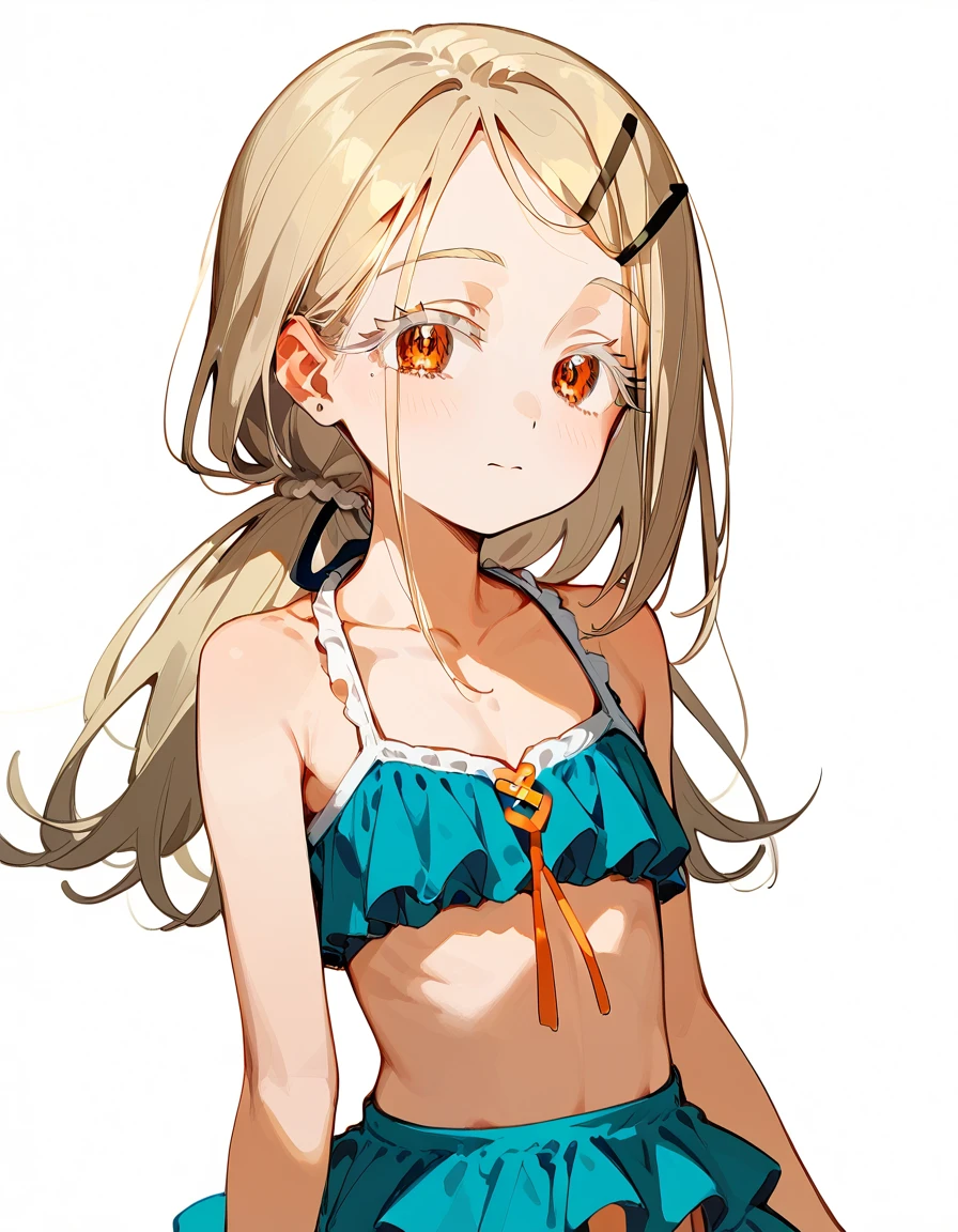 Highest quality, masterpiece, No correction, Beark 1 dhibi girl,shinosawa hiro,thin,Orange eyes,White eyelashes,Blonde,Long Hair,Hair Clip,flat chest,white background,frilled bikini,blue bikini,low ponytail,