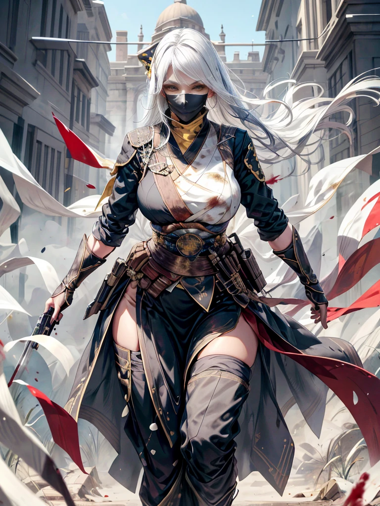 (best quality,highres),tall woman with a big bust smiling towards the camera, removing a black mask with her white hair and yellow eyes, dressed in a white ninja costume with blood stains, holding a gun
