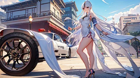 1girl, solo, full body, ningguang from genshin impact stands next to her white vintage Ferrari Testarossa, plain white backgroun...