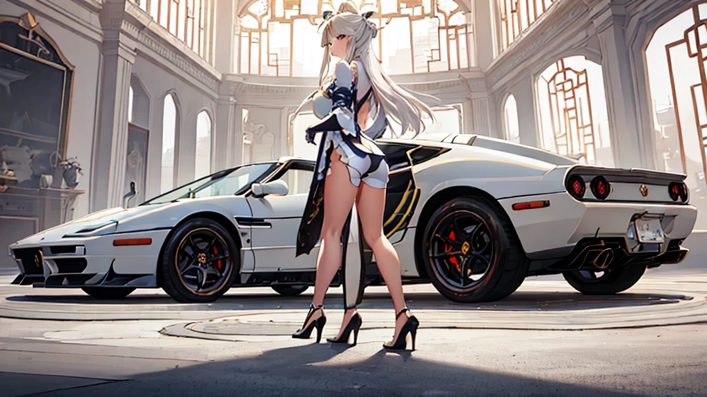 1 garota, Sozinho, corpo todo, Ningguang from genshin impact stands next to her white vintage Ferrari Testarossa, fundo branco liso, imagem inspirada no impacto genshin, Detalhes altamente detalhados e intrincados, Ningguang_genshin, vintage supercar, Olhando para o visualizador, de pé, girl de pé next to car, obra de arte, melhor qualidade, bela iluminação, tiro panorâmico amplo, roupa branca, carro de cor branca, absurdos, alta resolução, ultra-afiado, 8K, obra de arte, Olhando para o visualizador, obra de arte, melhor qualidade, (papel de parede extremamente detalhado da unidade CG 8k), (melhor qualidade), (melhor ilustração), (Melhor sombra), absurdos, iluminação realista, (Abismo), lindo brilho detalhado, arte de PeterMohrBacher