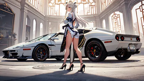 1girl, solo, full body, ningguang from genshin impact stands next to her white vintage Ferrari Testarossa, plain white backgroun...