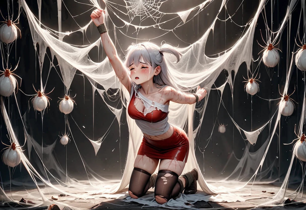 (best quality), (masterpiece), very aesthetic, absurdres, high res, all detailed, realistic, (two side up), long hair, silver hair, (red pencil Dress, One side shoulders armor with Cape, pencil miniskirt:1.13), boots, medium cleavage, [white panties], [black thigh-highs], (injury skin, scar skin, bleeding skin, torn clothes:1.15), Broken Armor, cloth pieces, BREAK NSFW, solo, 1girl, (spdrwrp, Huge spider web, bondage, white spider silk, bound, cocoon, restrained:1.16), kneeling, arm up, (closed eyes, cry, tears), sigh, blush, sweat, (indoors, Room full of spider webs, prison), cinematic lighting, diffraction spikes, three quarter view