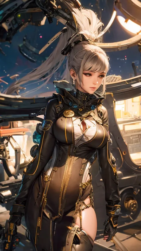 eve with huge breasts in micro nanosuit with huge cleavage in space