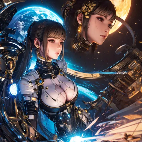 eve with huge breasts in micro nanosuit with huge cleavage in space