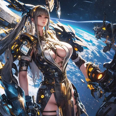 eve with huge breasts in micro nanosuit with huge cleavage in space