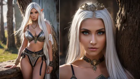 elf woman, white hair, white eyes, slim waist, full body, detailed, very realistic, detailed face.