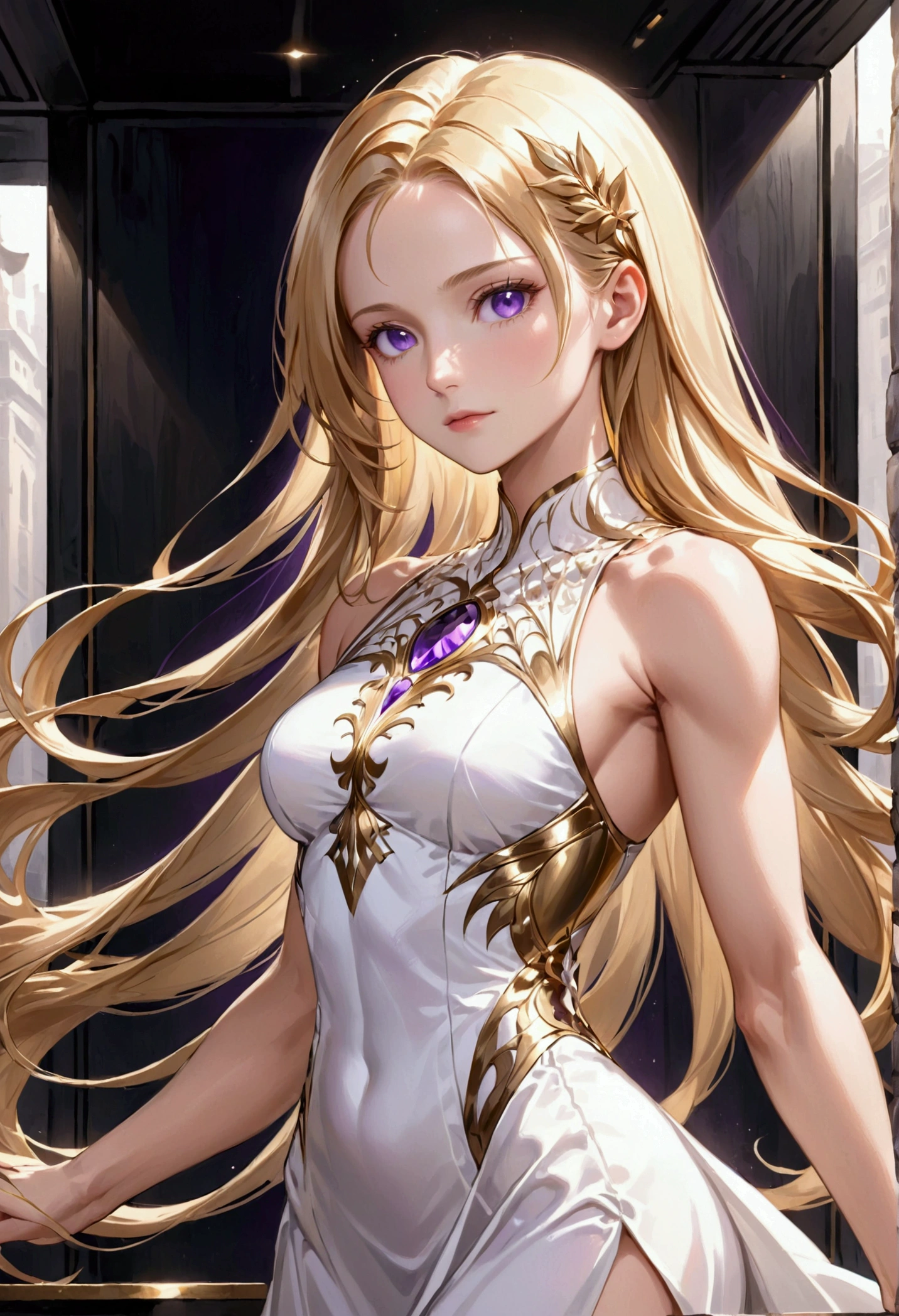 Long golden hair, purple eyes, tall athletic body,mature face - SeaArt AI