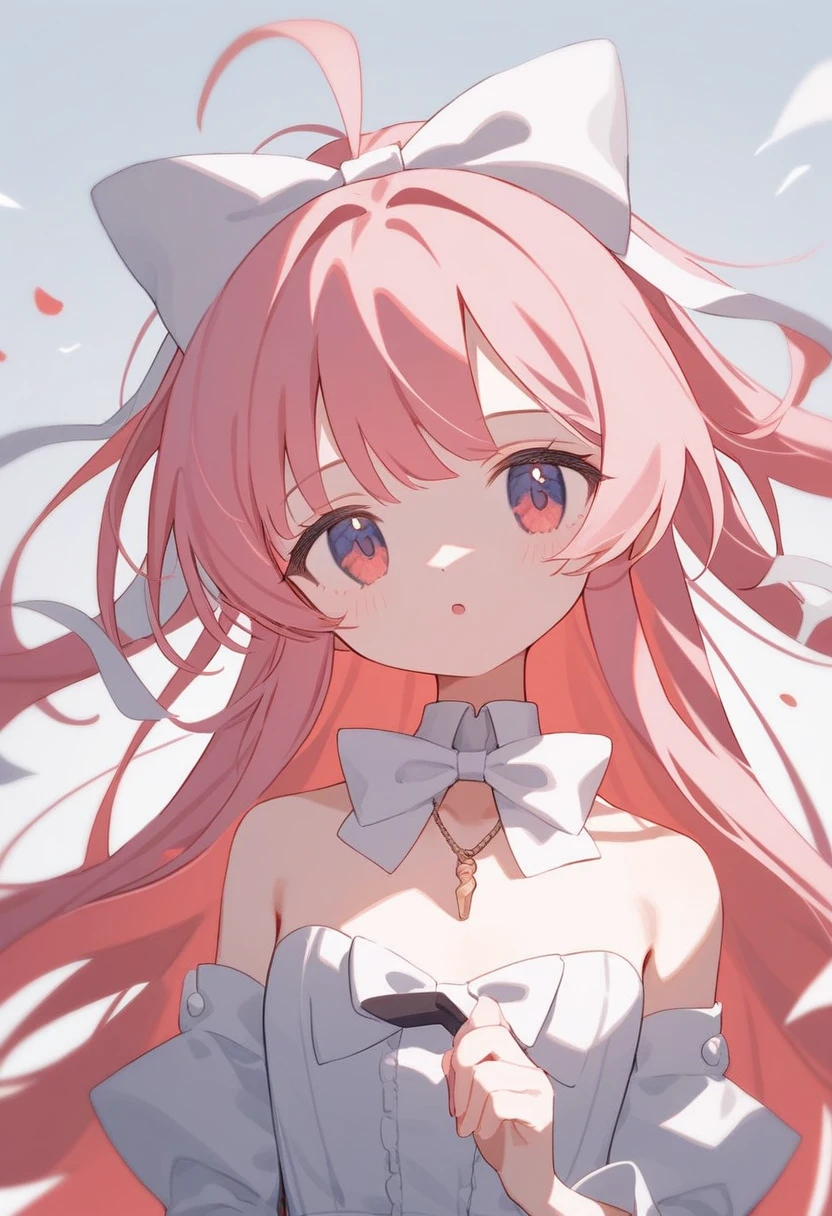 1 Girl,独自of,Long hair,Pink Hair,Separate sleeves,Bangs,简单of背景,Looking at the audience,upper body,Ribbon,bow,bowtie,Shut up,very Long hair,white Ribbon,white bow,hair Ribbon,粉红色of眼睛,Necklace,Bare shoulders,White sleeves,无袖of,Fraction_9,Fraction_8_Direction_7_up,Expressive,score_of,(masterpiece, 最好of质量)