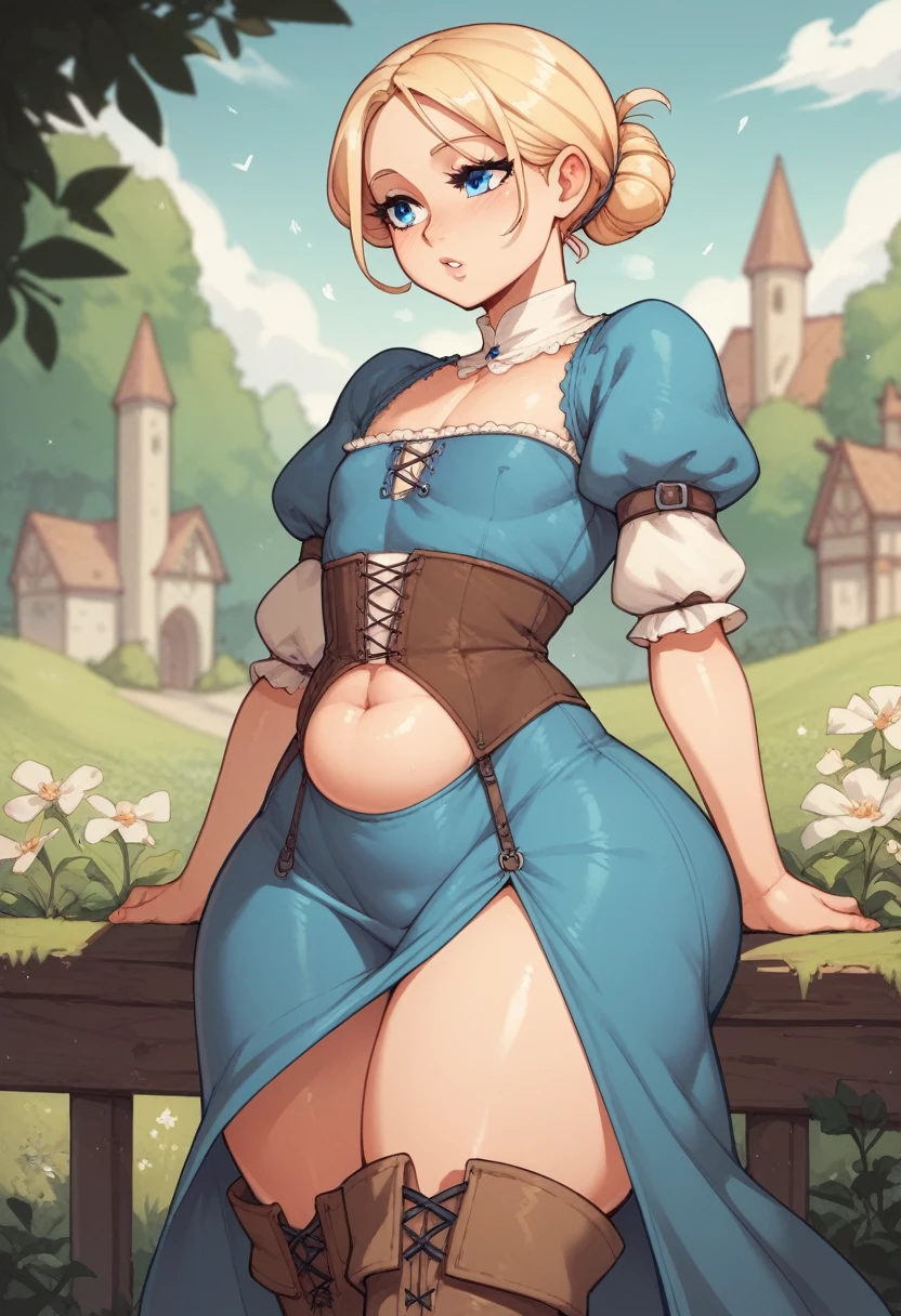 score_9, score_8_up, score_7_up, 1girl, cartoon, flat chest, hair bob, blonde hair, blue eyes, thigh boots, huge hips, milf, medieval dress, bobbed hair, belly