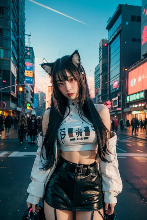 anime girl with long hair and cat ears in a city, digital cyberpunk anime art, cyberpunk anime girl mech, female cyberpunk anime...